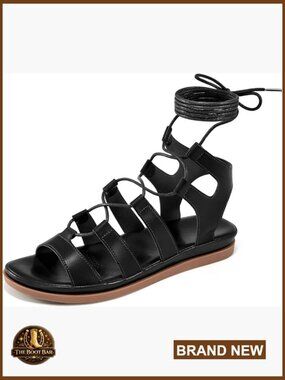 Strappy Gladiator Flat Sandals, Non-Slip, Adjustable Cross Lace Up